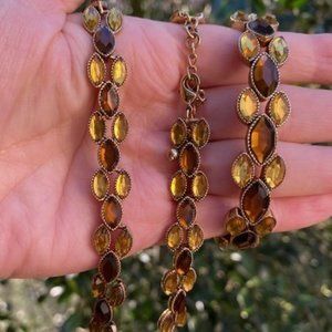 VTG Amber Yellow Rhinestone Gold Necklace and Bracelet SET